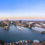 Aerial Panoramic View of Beautiful Sunrise at Sydney City Skyline