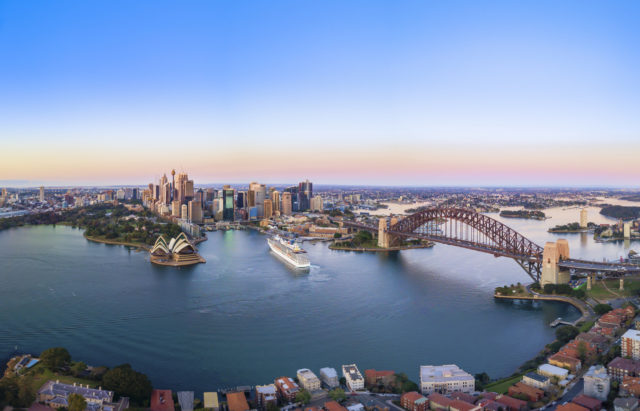 Aerial Panoramic View of Beautiful Sunrise at Sydney City Skyline