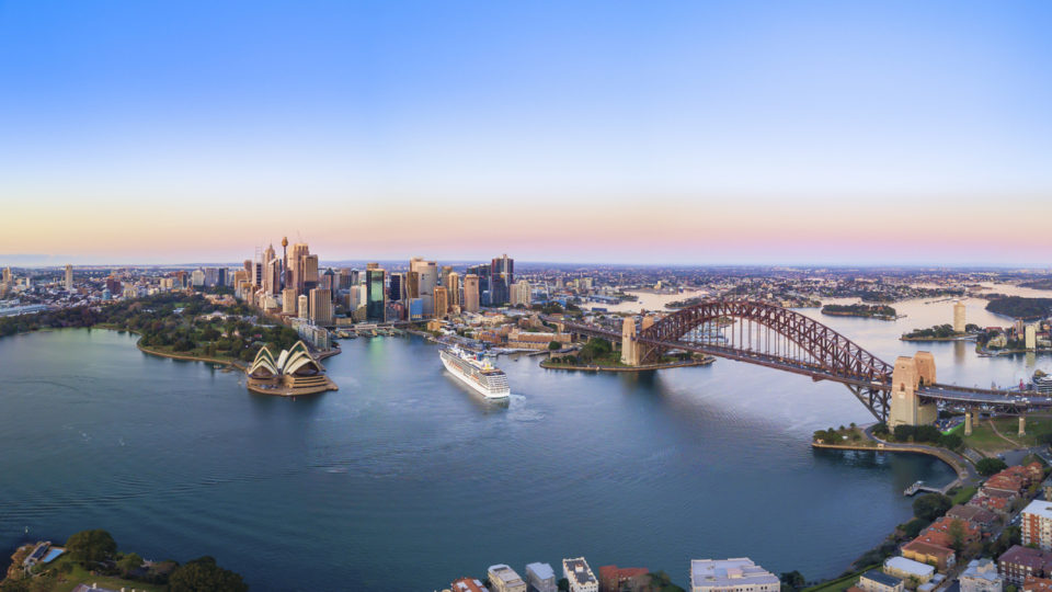 Aerial Panoramic View of Beautiful Sunrise at Sydney City Skyline